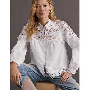 Anthropologie size XS White Long Sleeve eyelet Lace‎ Button Up top Victorian